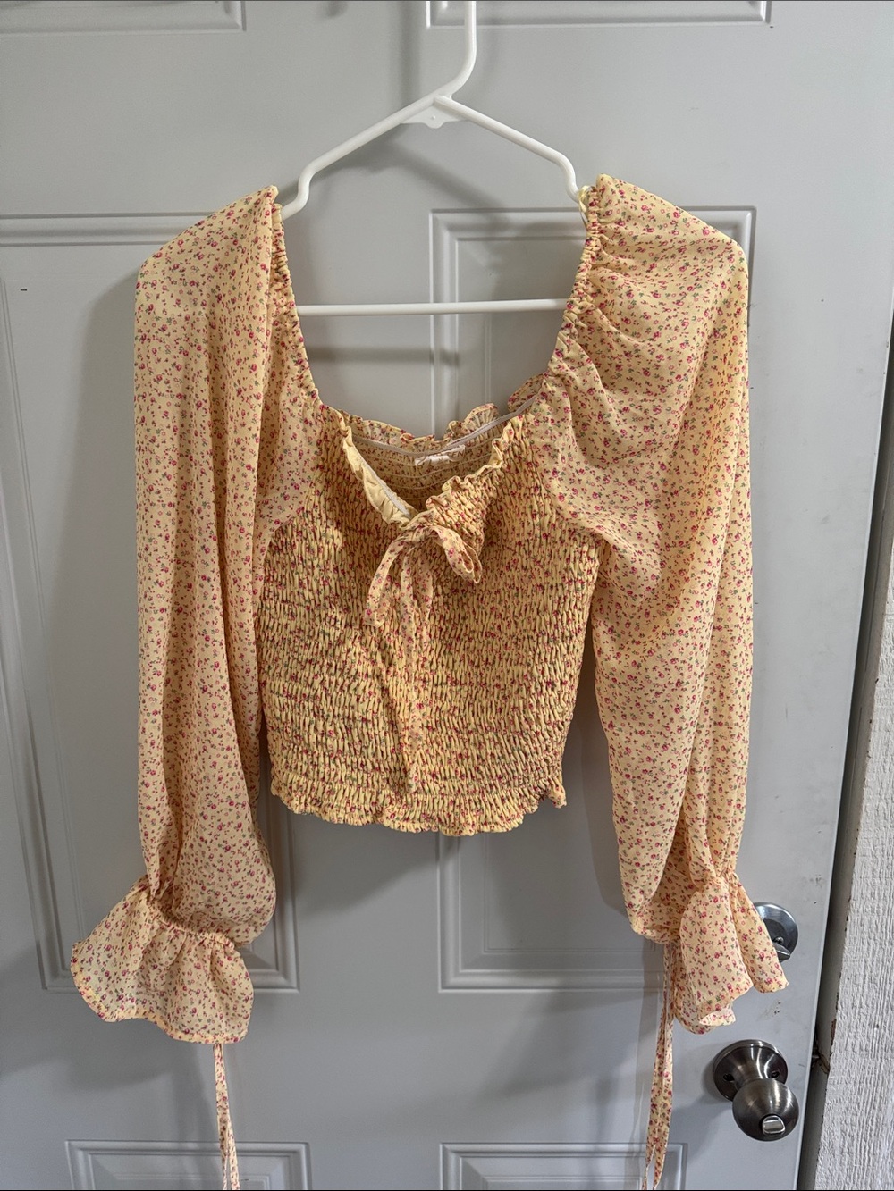 Floral Smocked Long Sleeve Crop Top - Cream with Pink Print